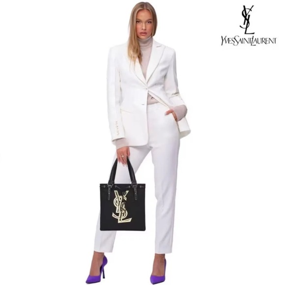 SOLD Black Tote Bag Handbag Canvas Cosmetics Gold Logo - Picture 3 of 8